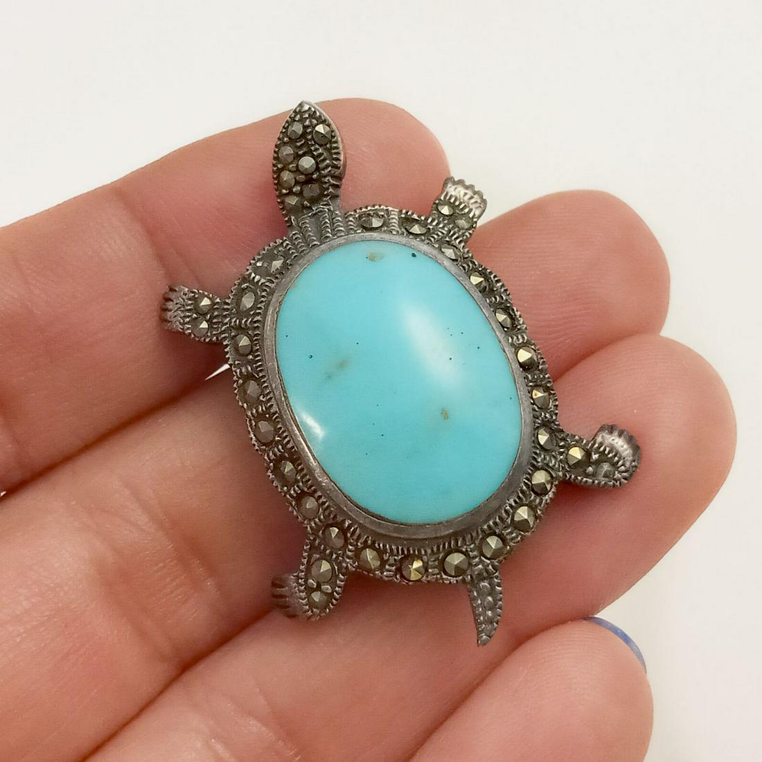 Sterling silver marcasite turquoise color Turtle brooch (1 of 3)