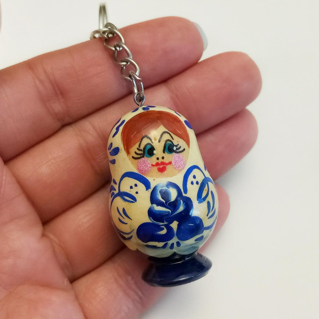 Russian painted blue Matreshka Girl key chain (1 of 4)