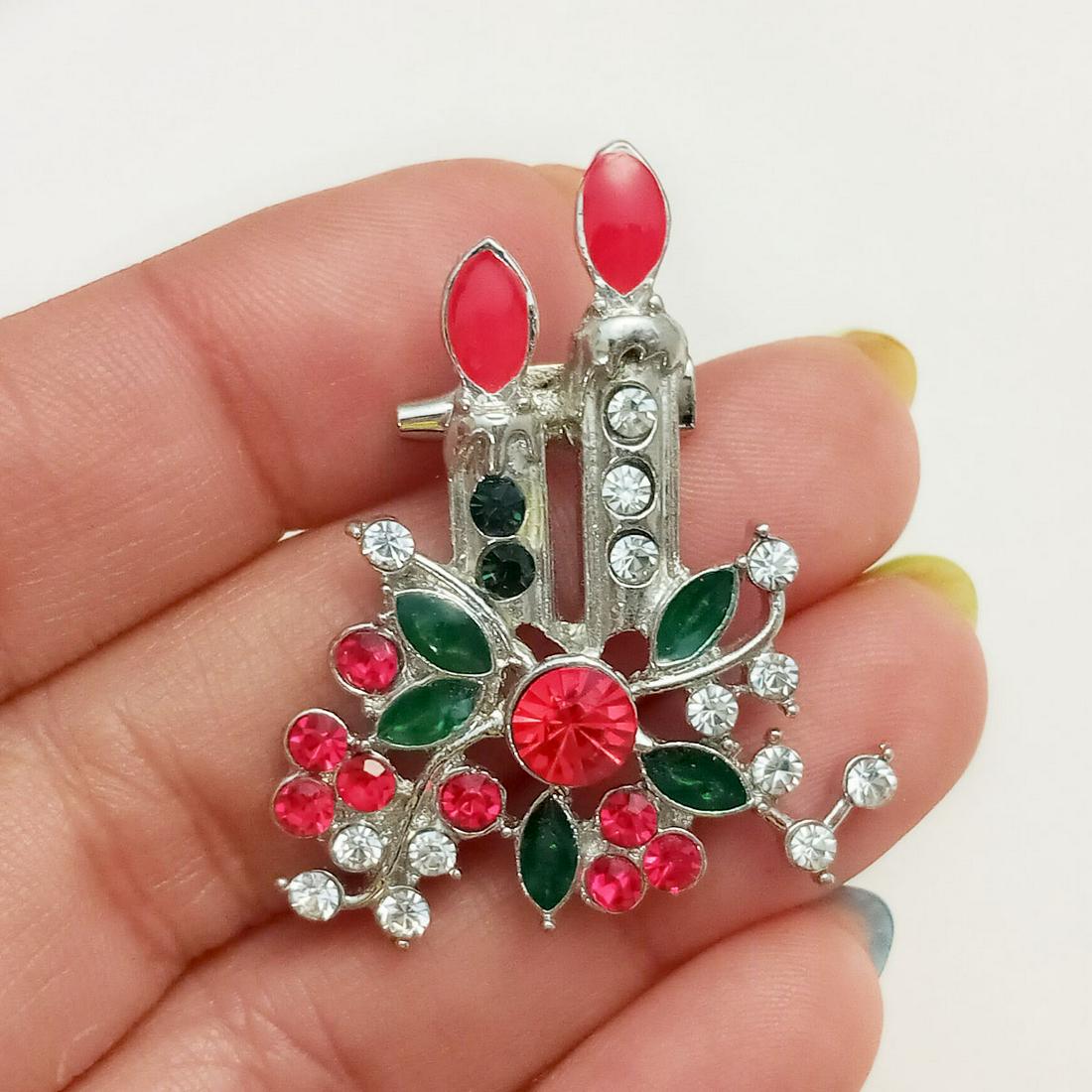 Silver tone rhinestones enamel Christmas Candle brooch (1 of 3)