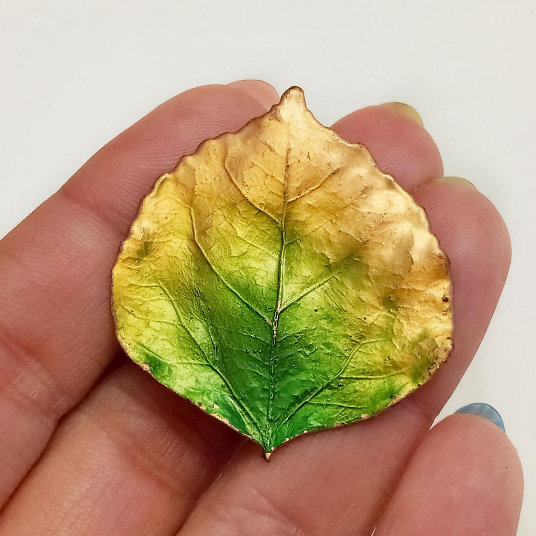 Copper tone green yellow enamel Leaf shape brooch (1 of 3)