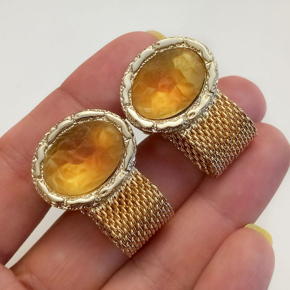 Gold tone matte textured citrine color mesh cufflinks (1 of 8)