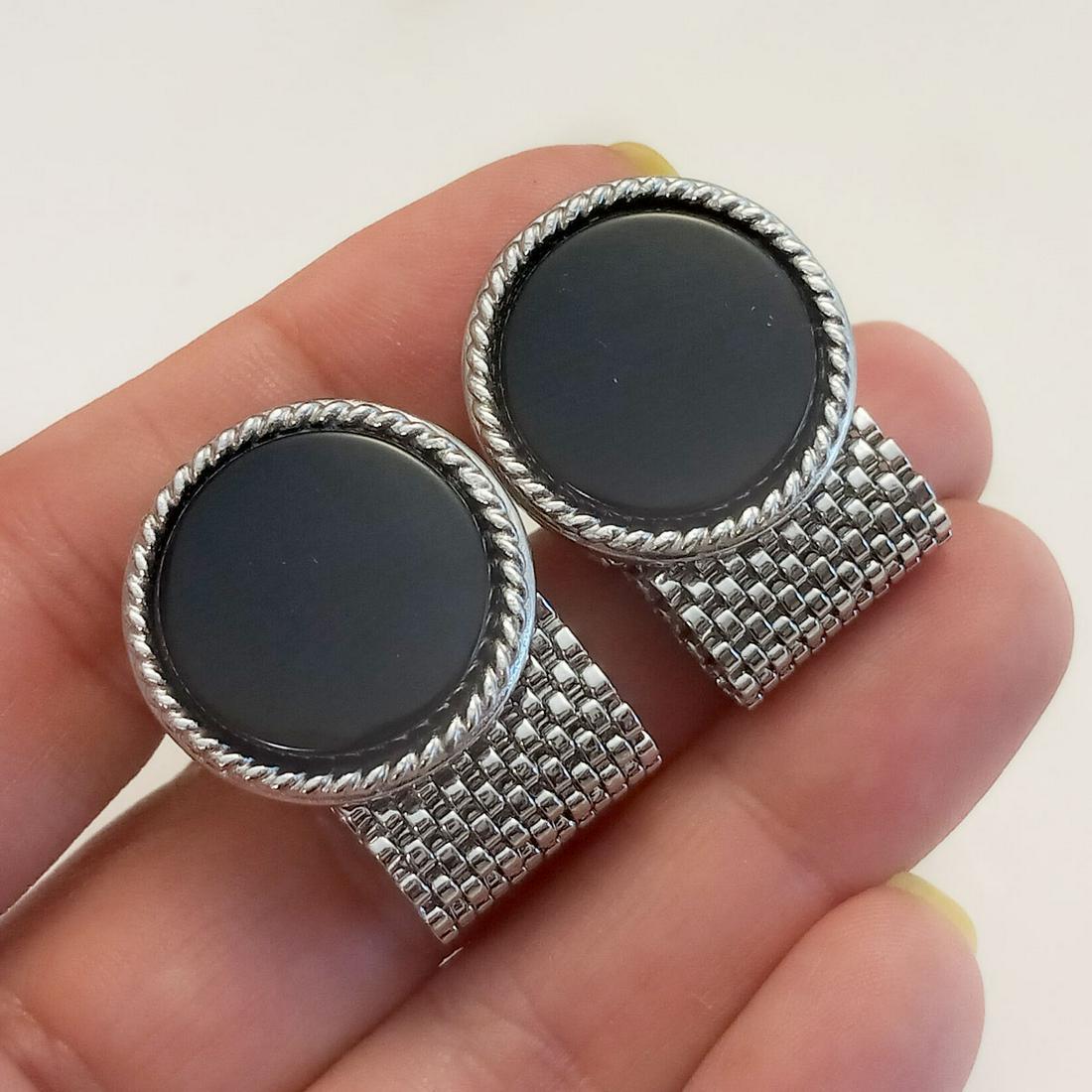 Silver tone round black mesh cufflinks (1 of 7)