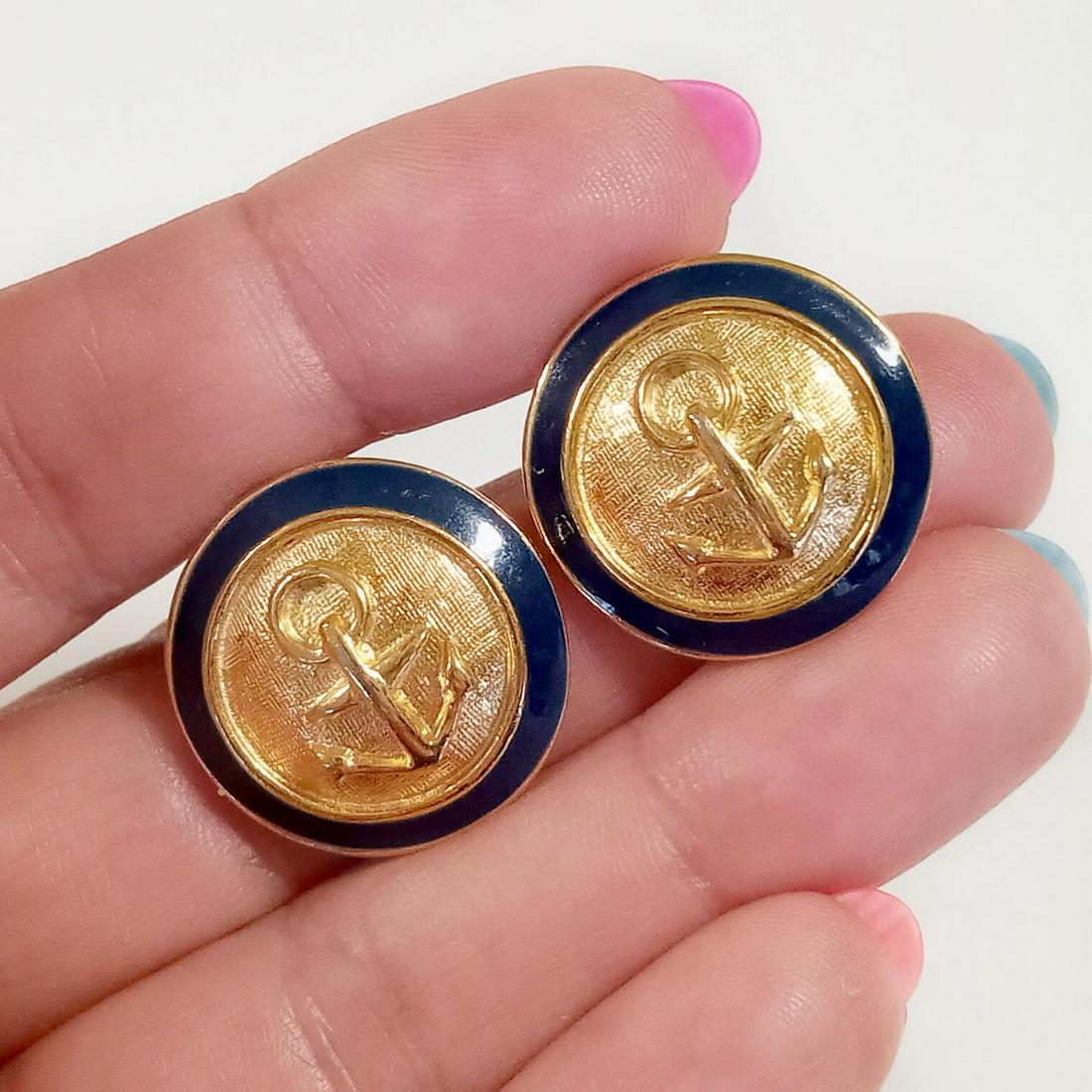 ANNE KLEIN Vtg gold tone enamel Anchor earrings (1 of 4)