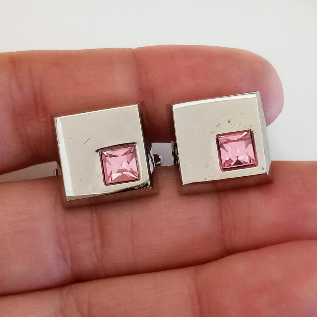 Silver tone pink topaz color crystal square cufflinks (1 of 6)