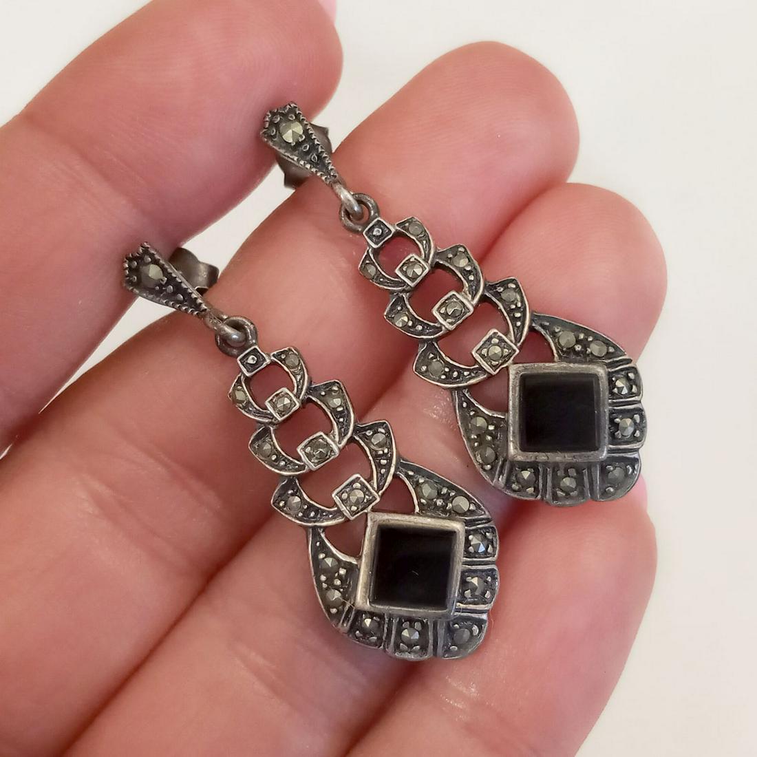 Vintage sterling silver marcasites black onyx earrings (1 of 3)