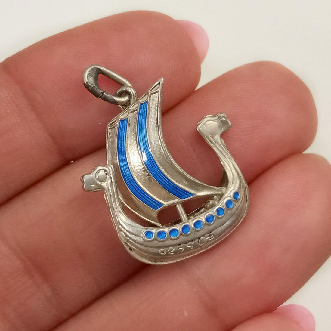 Vintage sterling silver enamel Viking ship charm pendant (1 of 3)