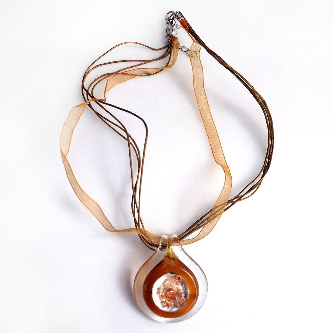 Brown copper silver glass pendant brown ribbon necklace (1 of 3)