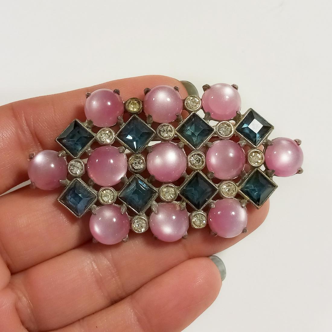 Vintage silver tone pink, blue, clear rhinestone brooch (1 of 3)