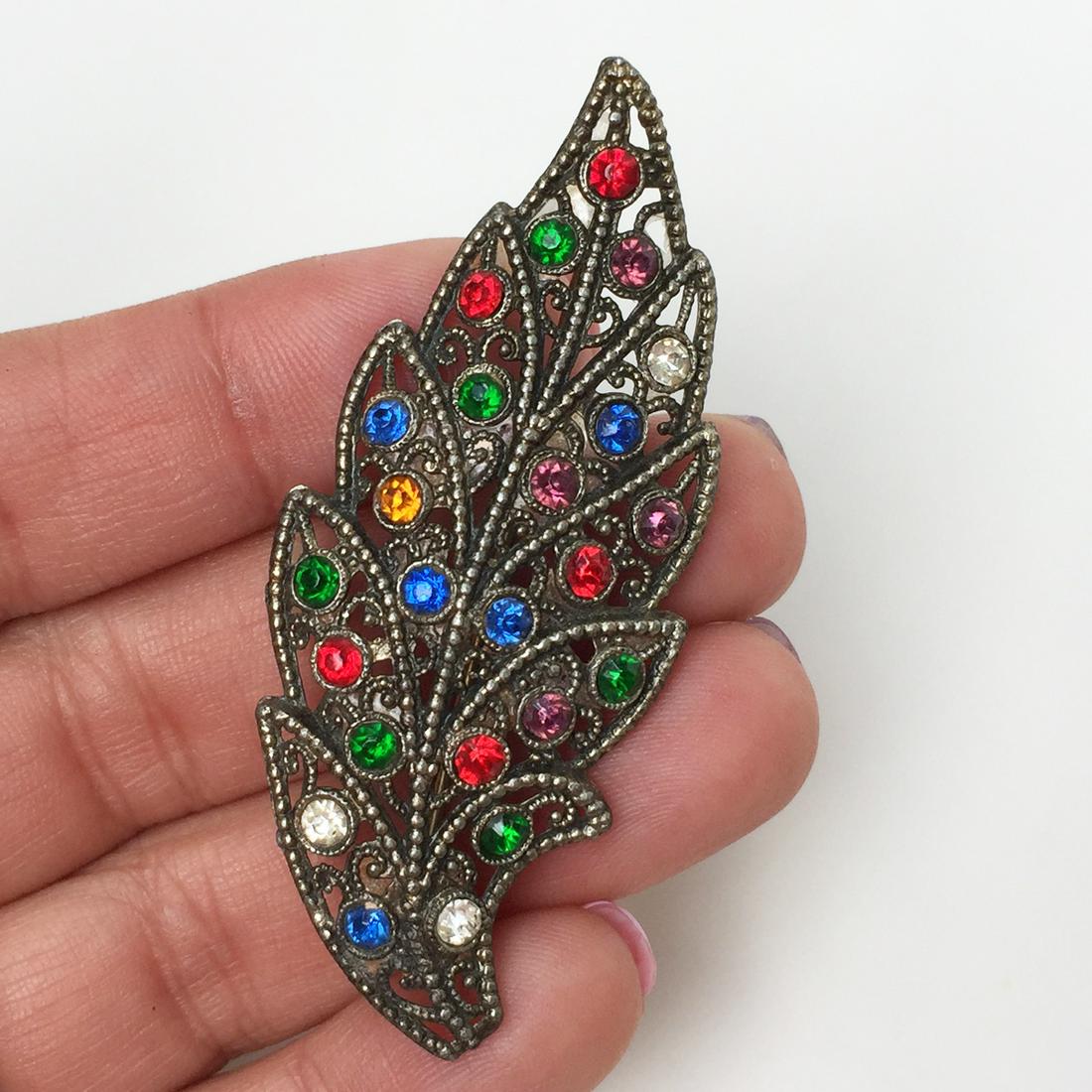 Bronze tone multicolor crystals Leaf shape brooch (1 of 3)