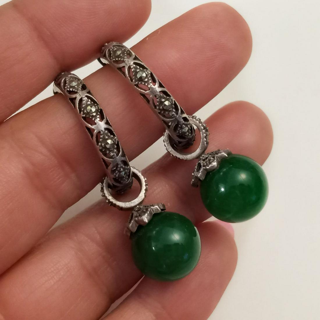Vintage sterling silver marcasites, green ball earrings (1 of 8)