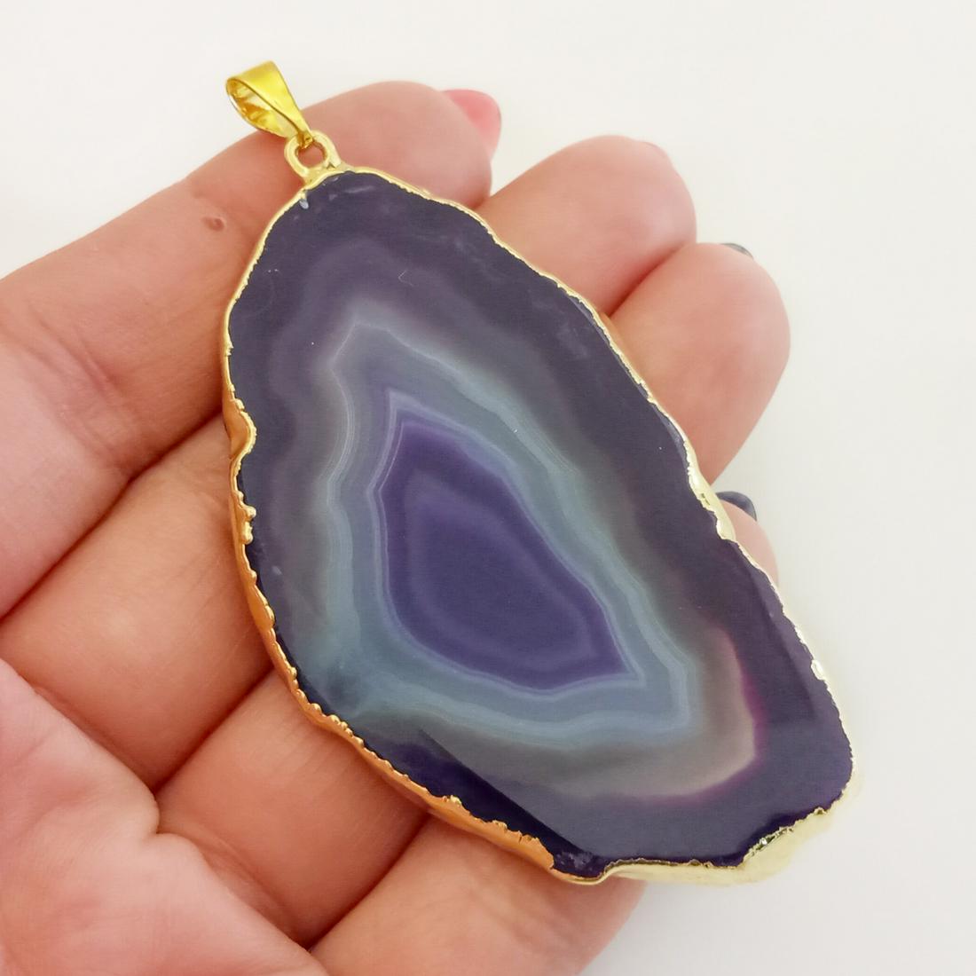 Gold tone dark Purple Agate free shape slice pendant (1 of 3)