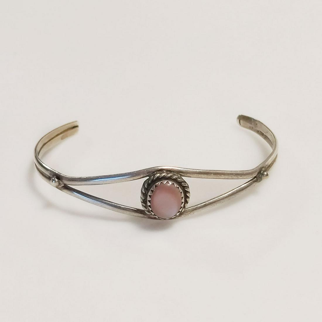 Vintage sterling silver pink cab cuff bracelet, small (1 of 4)