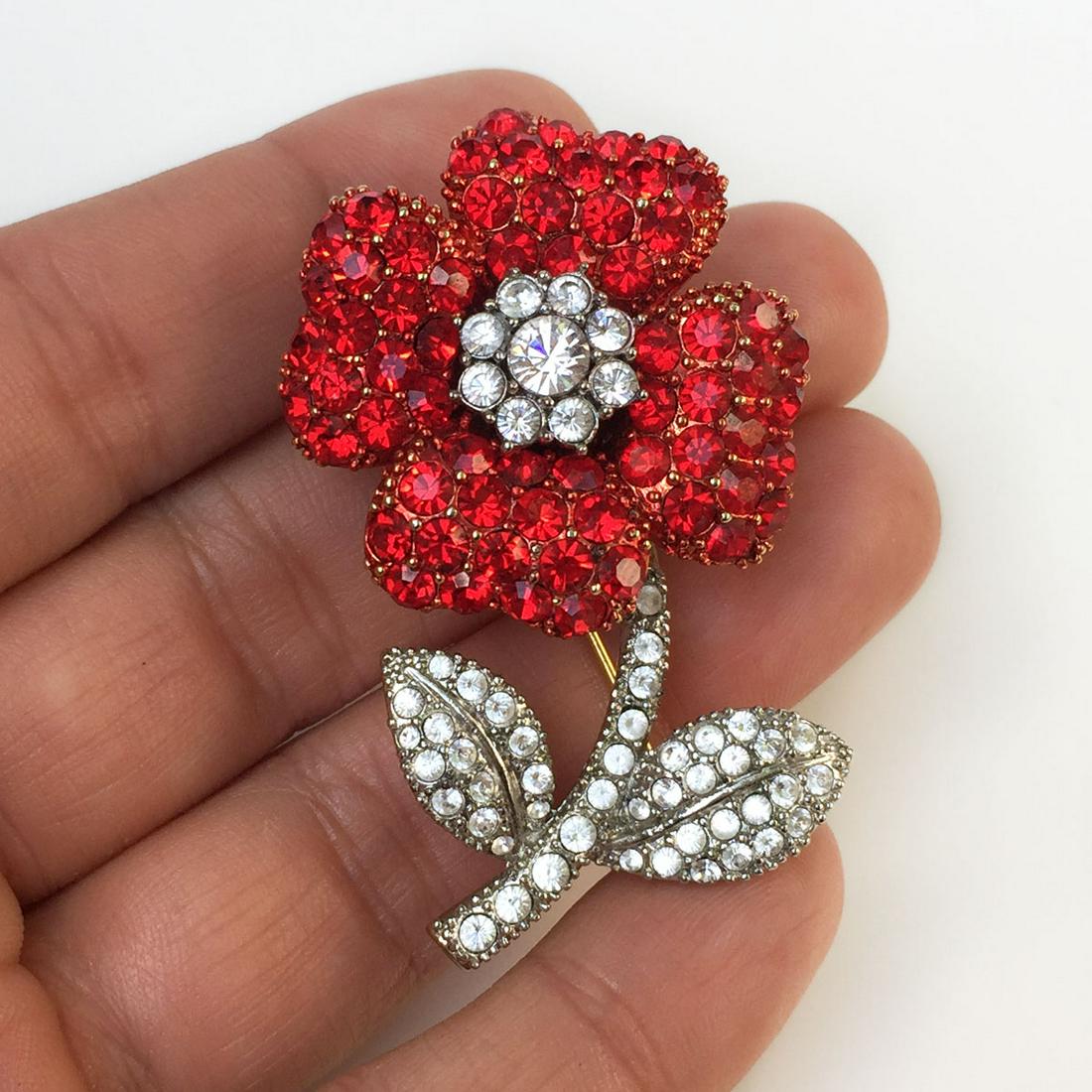 Gold tone ruby color, clear crystals Flower brooch (1 of 3)