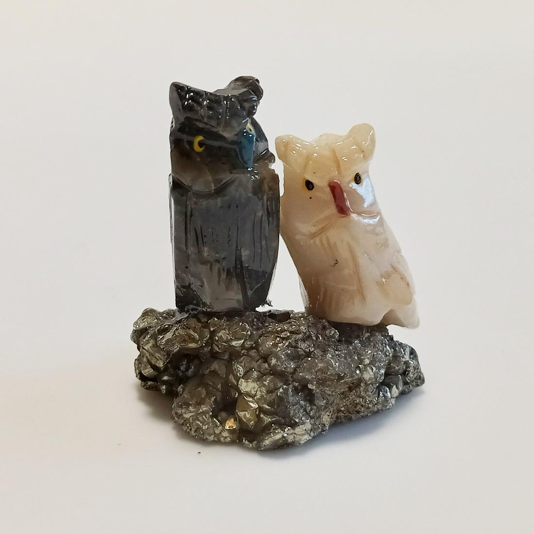 Carved stone Pair of Owl birds on pyrite figurine (1 of 6)