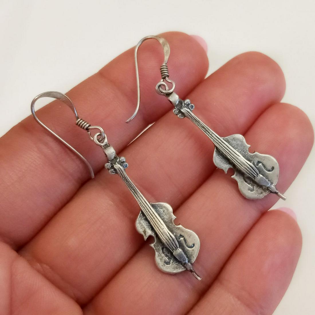 Vintage sterling silver Cello shape dangling earrings (1 of 3)