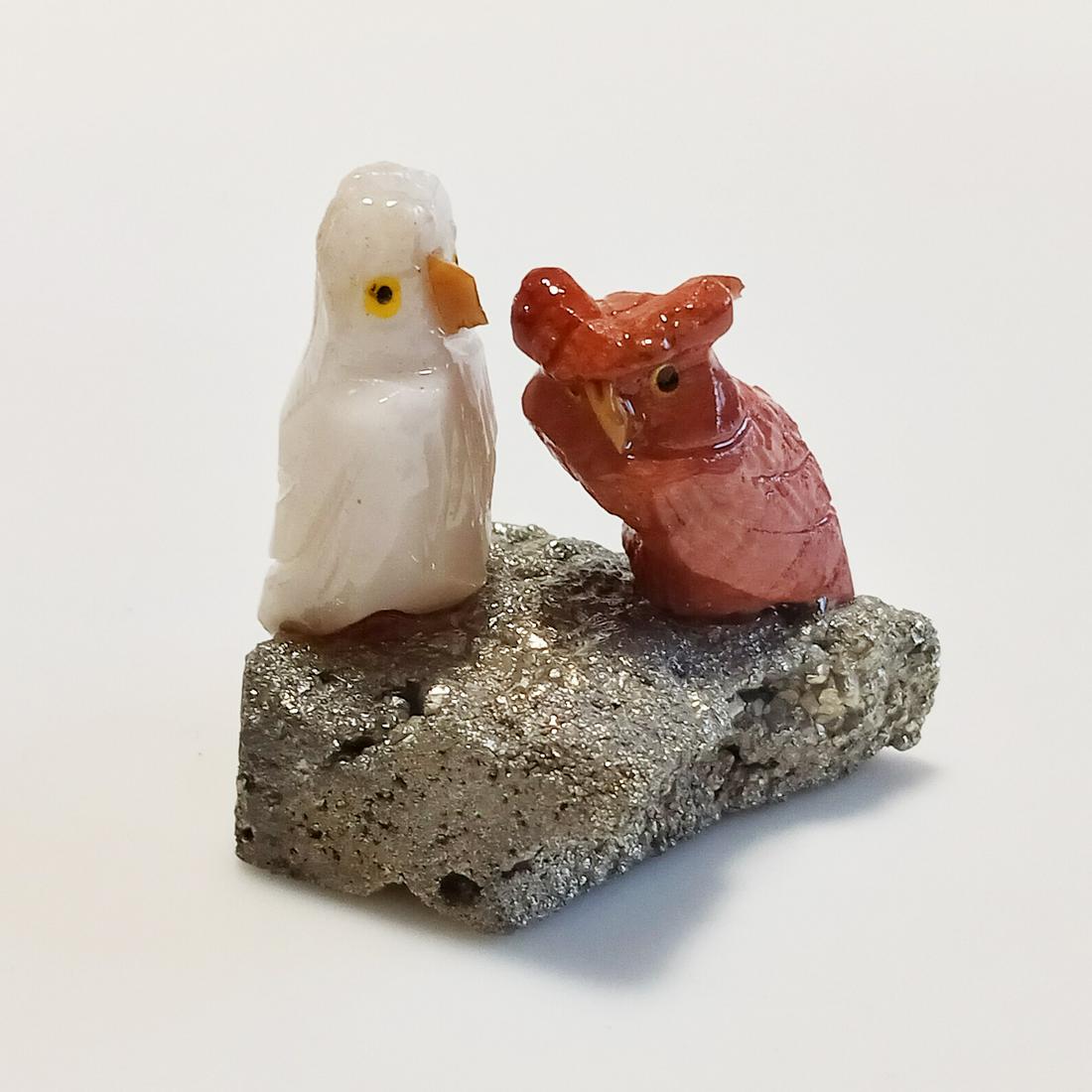 Carved stone Pair of Owl birds on pyrite figurine (1 of 6)