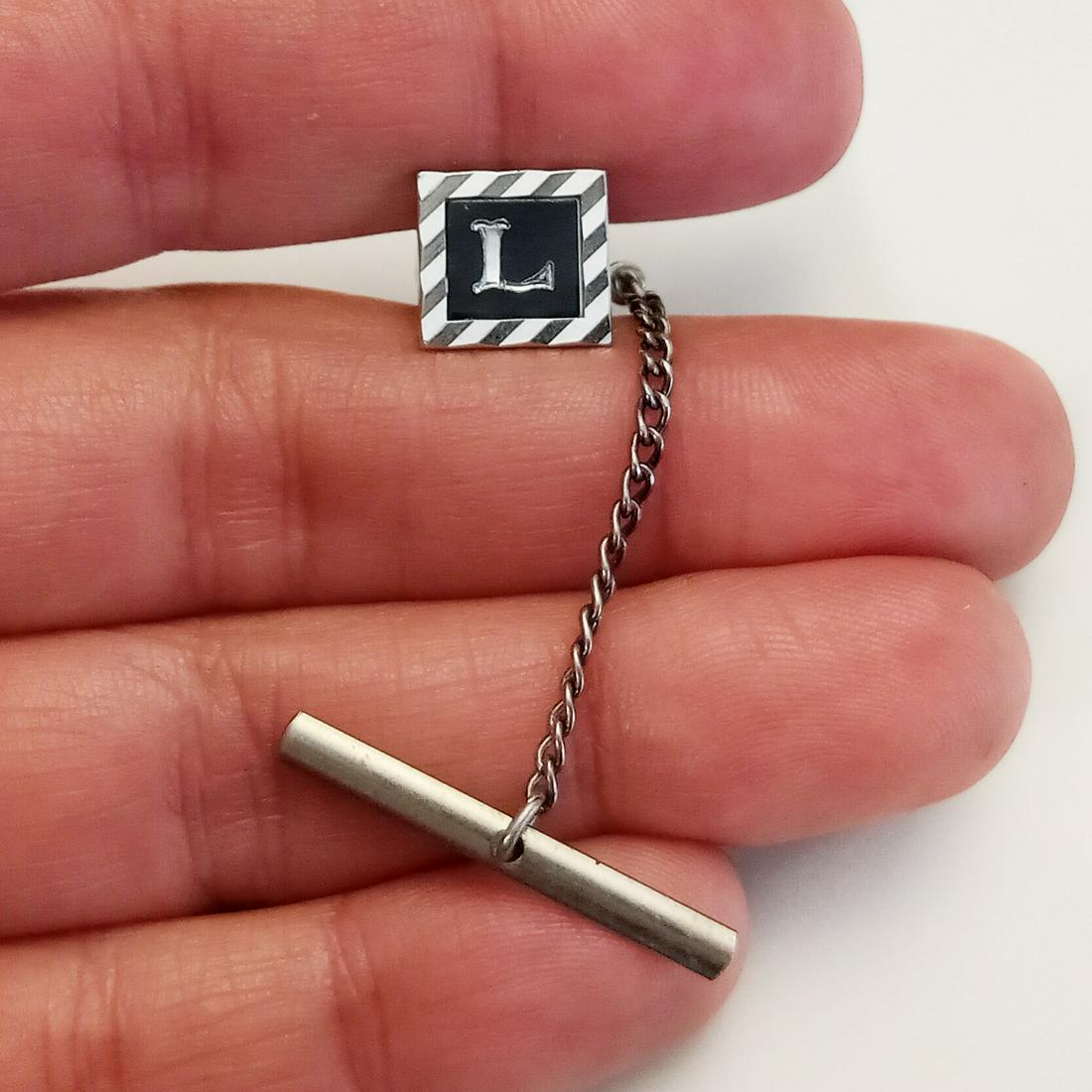 SWANK Vtg silver tone black Letter Initial L tie pin (1 of 3)