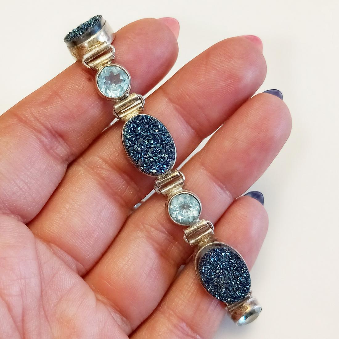 Sterling silver blue topaz, druzy quartz bracelet (1 of 3)