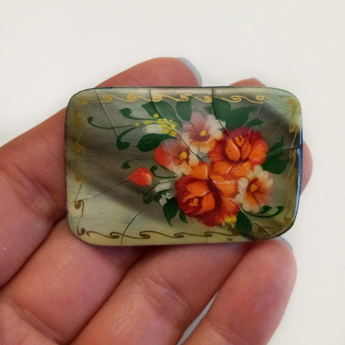 Russian painted lacquer Flowers rectangular brooch (1 of 3)