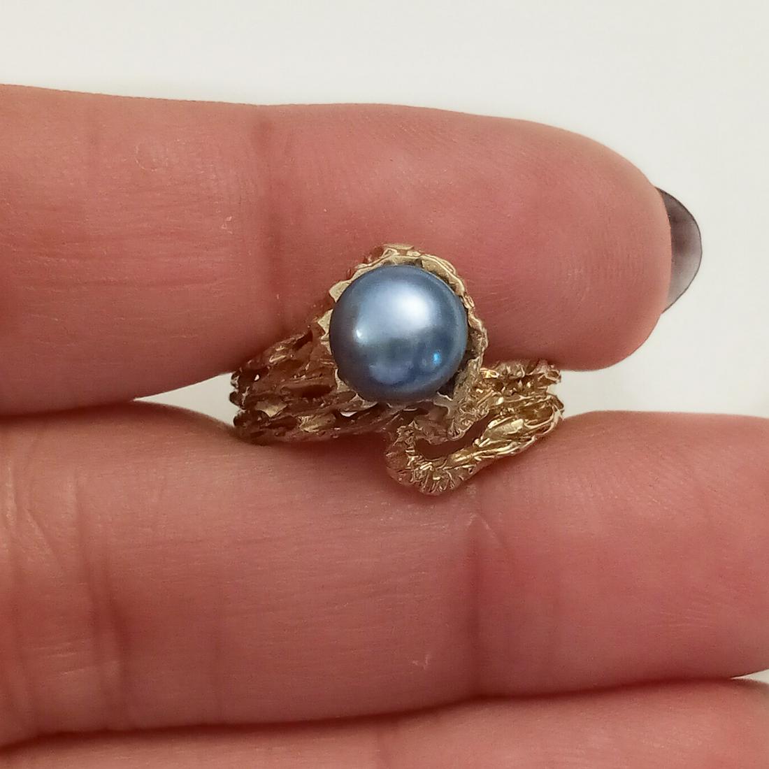 14 KT yellow gold 7.2 mm gray pearl ring, size 6 (1 of 7)