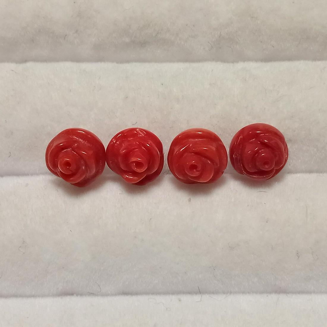 Lot of 4 carved genuine red coral Flower drilled 7.5 mm (1 of 4)
