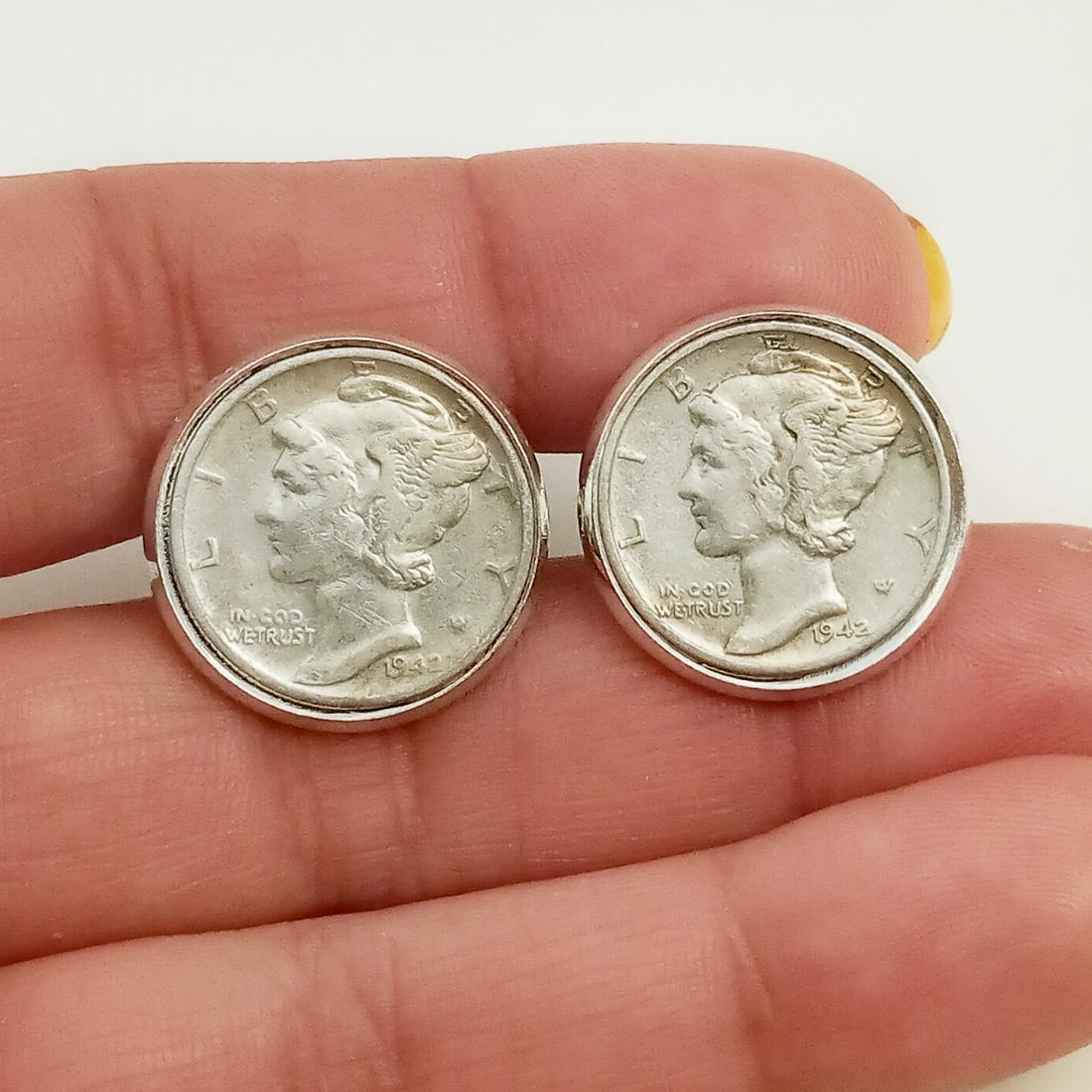 Silver Mercury Dime 1942 coin silver tone cufflinks (1 of 5)