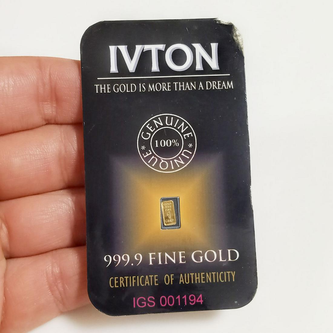 999.99/24K Fine Gold 1 GRAIN Ivton tiny bullion: Collectible 999.99/24K Fine Gold 1 GRAIN Ivton tiny bullion COA IGS 001194. 1 GRAIN is 0.0647989 GRAMS. Condition very good.