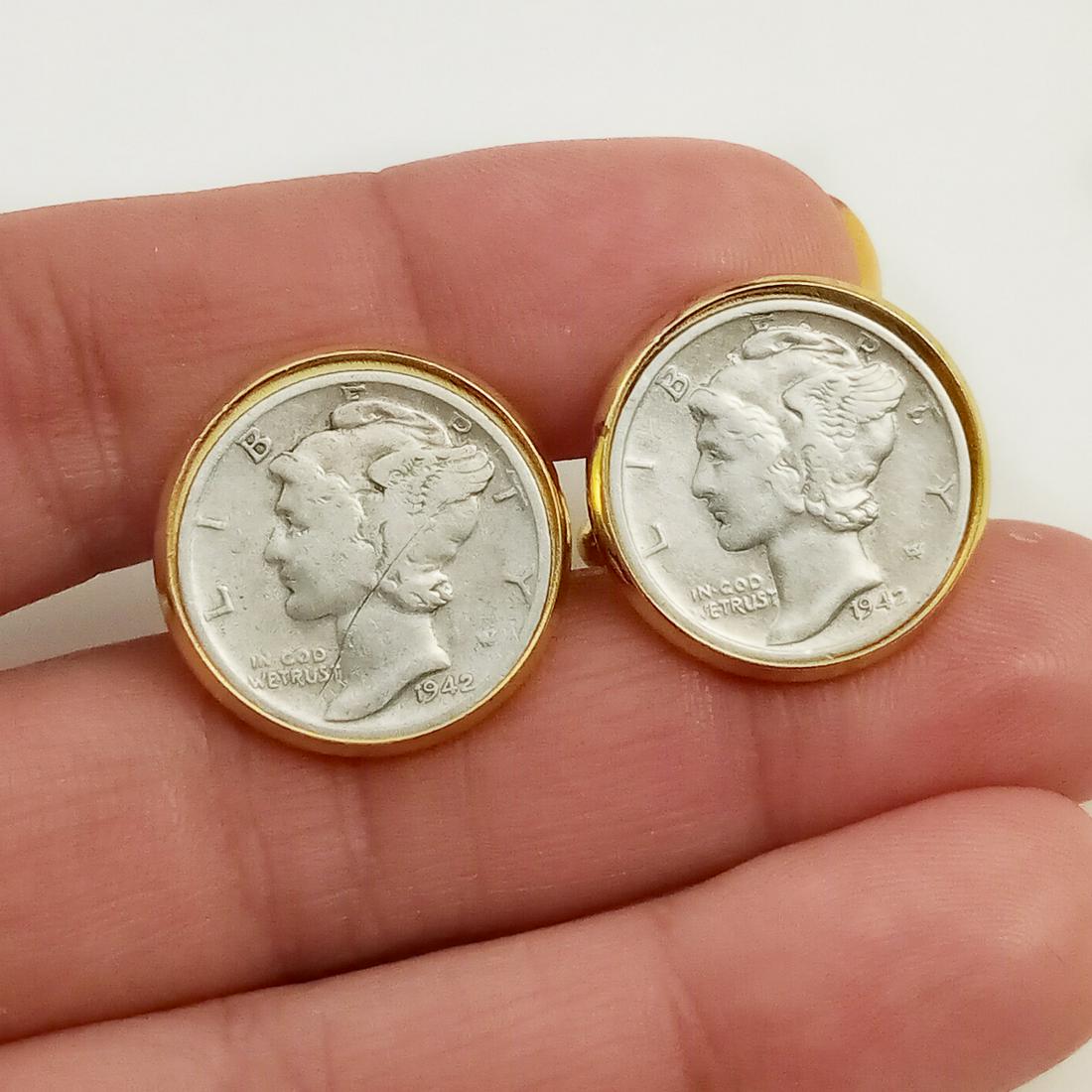 Silver Mercury Dime 1942 coin gold tone cufflinks (1 of 5)
