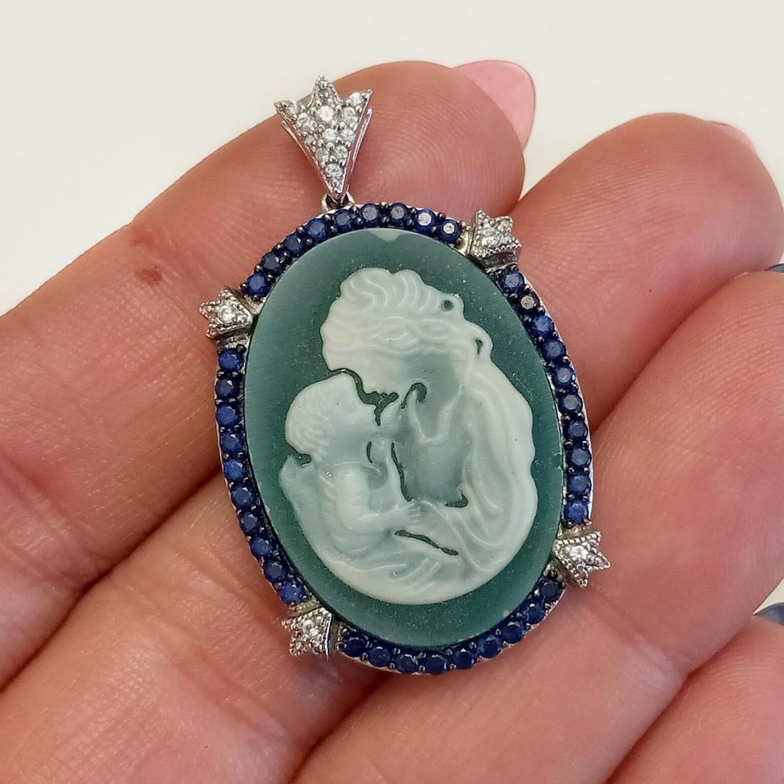 Sterling silver blue white sapphire agate Cameo pendant (1 of 3)