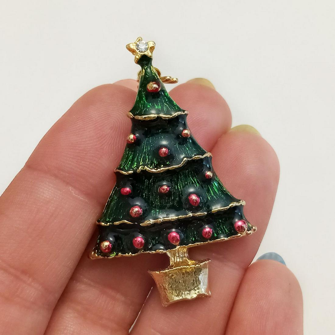 Gold tone red green enamel Christmas Tree brooch (1 of 3)