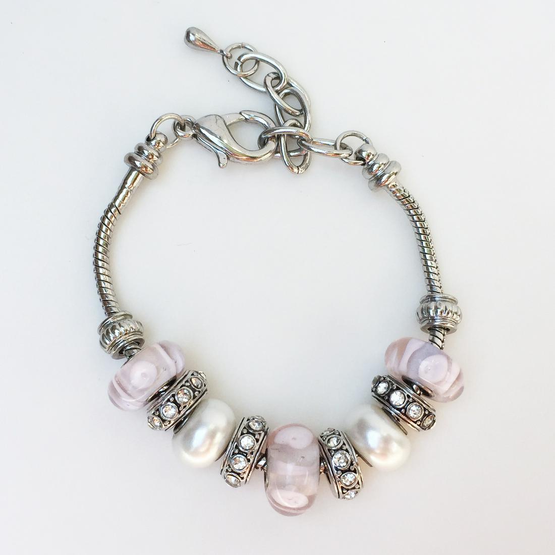 Silver tone faux pearl pink glass beads charm bracelet (1 of 2)