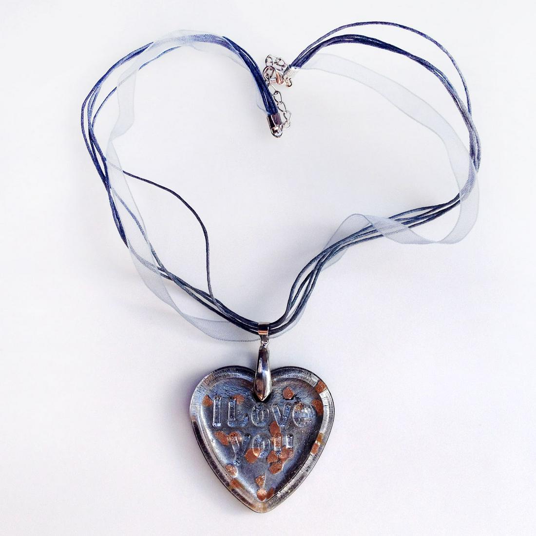 Silver Heart glass pendant gray ribbon cord necklace (1 of 3)
