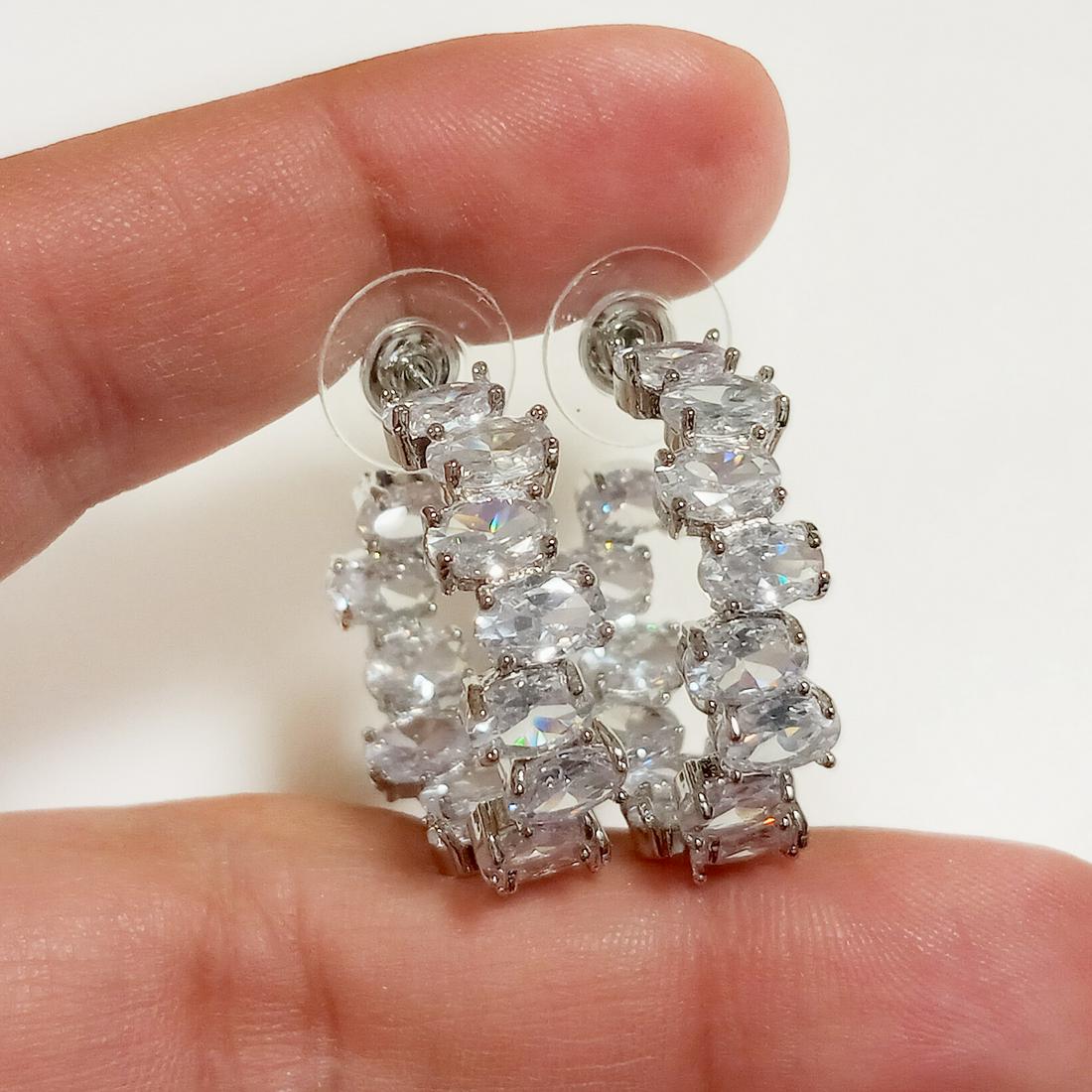 Silver tone oval shape clear rhinestones hoop earrings (1 of 5)