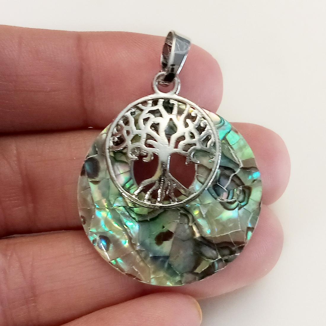 Silver tone tree Abalone mosaic round shape pendant (1 of 3)