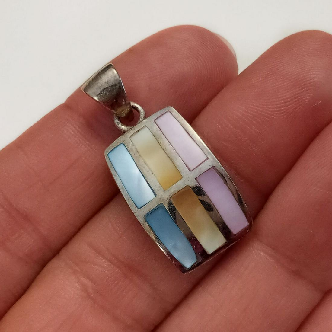 Sterling silver pink yellow blue MOP inlay pendant (1 of 3)
