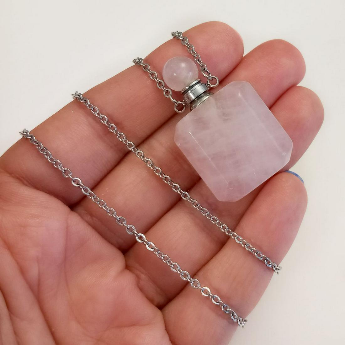 Genuine Rose Quartz perfume bottle pendant necklace (1 of 3)