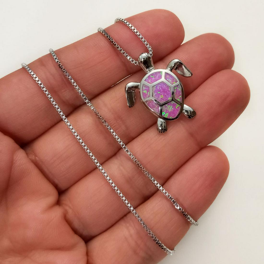 Silver tone pink Opal color Turtle pendant necklace (1 of 4)