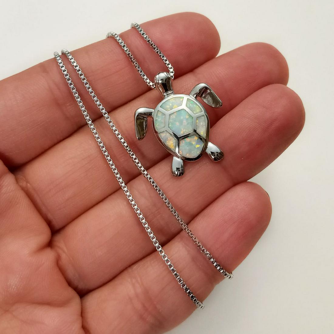 Silver tone white Opal color Turtle box chain necklace (1 of 4)