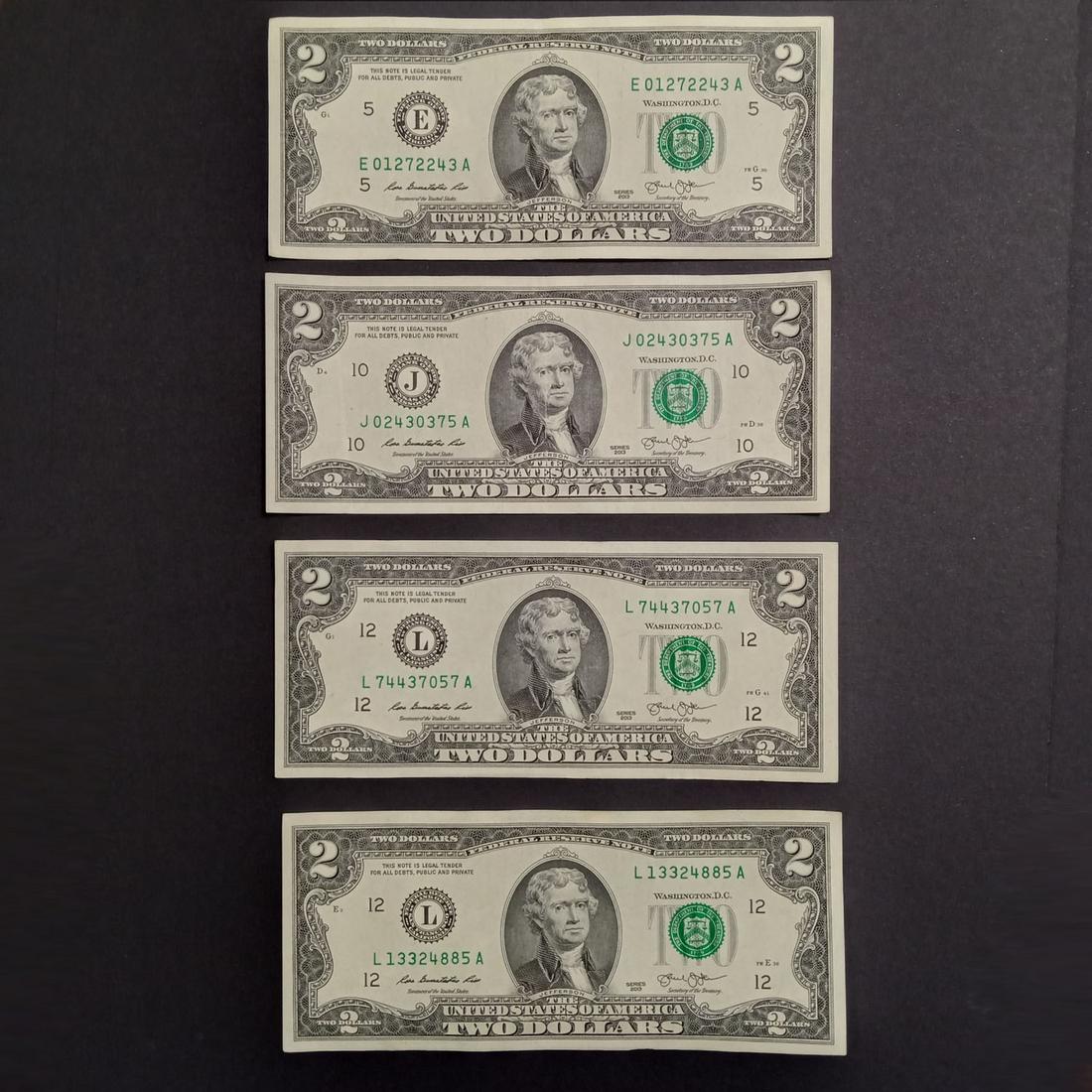 4 2013 US Fed Reserve $2 two dollar bills notes: Lot of 4 Collectible 2013 US Federal Reserve $2 Two dollars bills notes. Condition excellent. Bills are crisp. Look like Uncirculated bills.