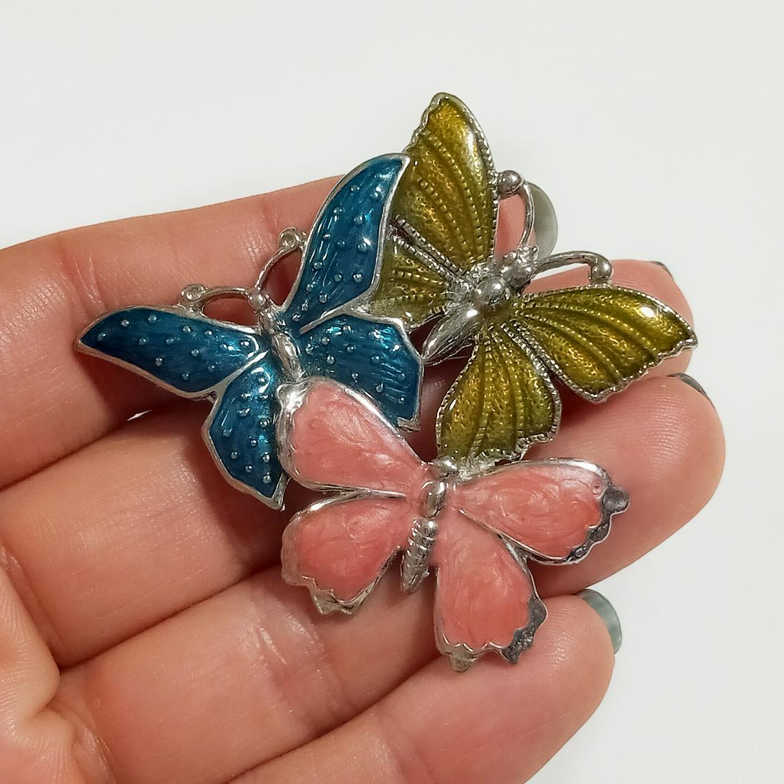 Vintage silver tone enamel Butterflies brooch (1 of 3)