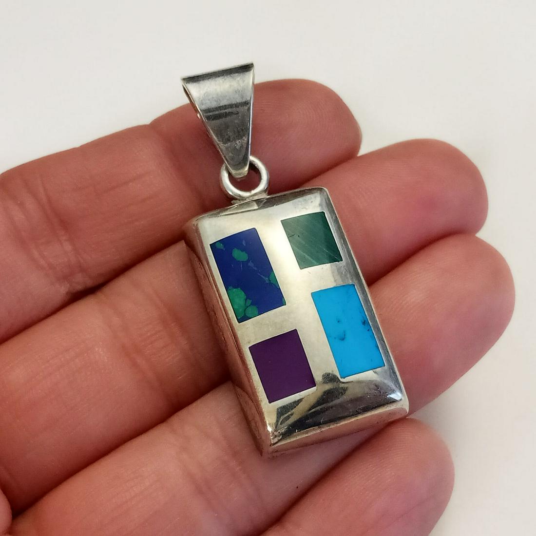 Sterling silver stones inlay rectangular pendant (1 of 3)