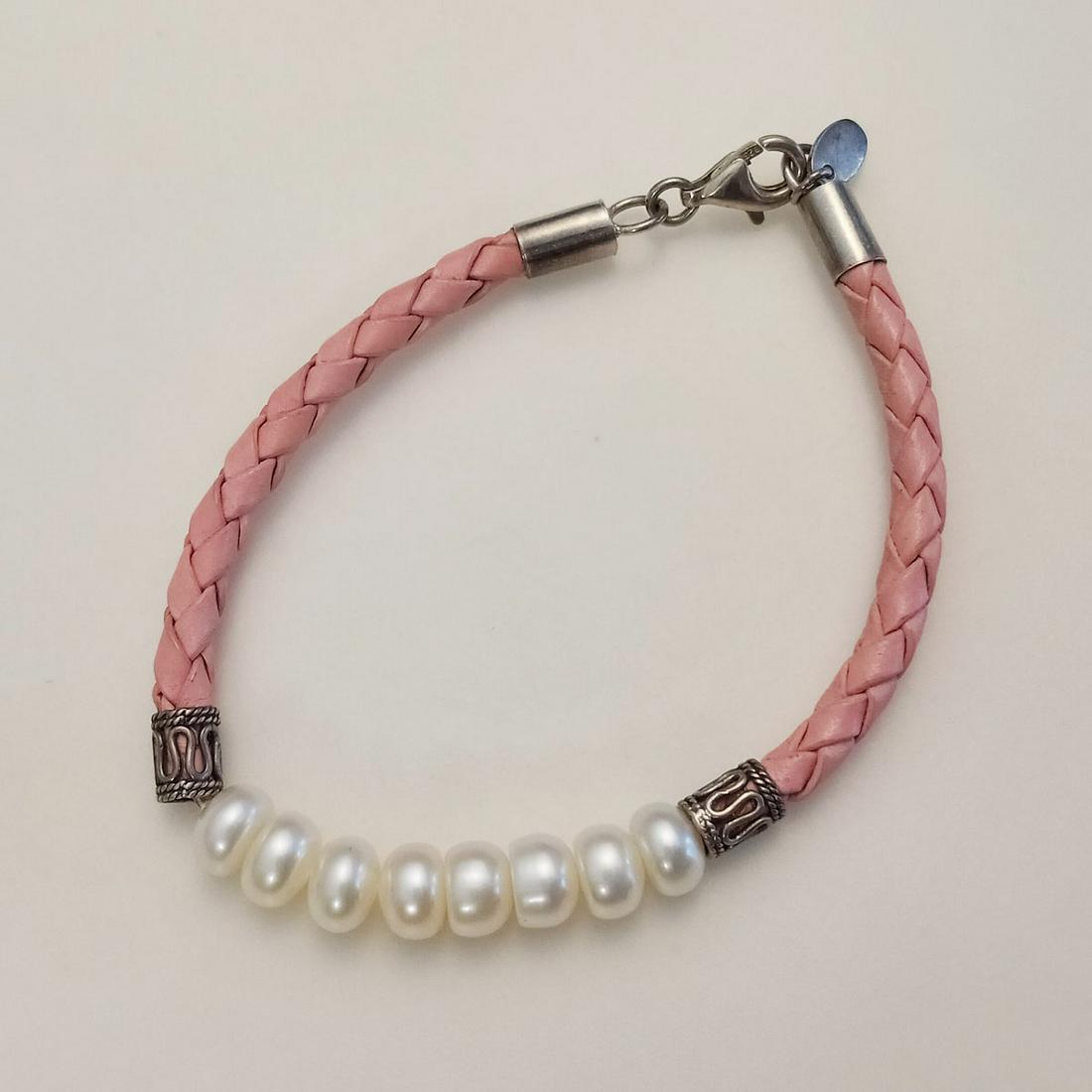 7 mm button pearl pink leather sterling silver bracelet (1 of 3)