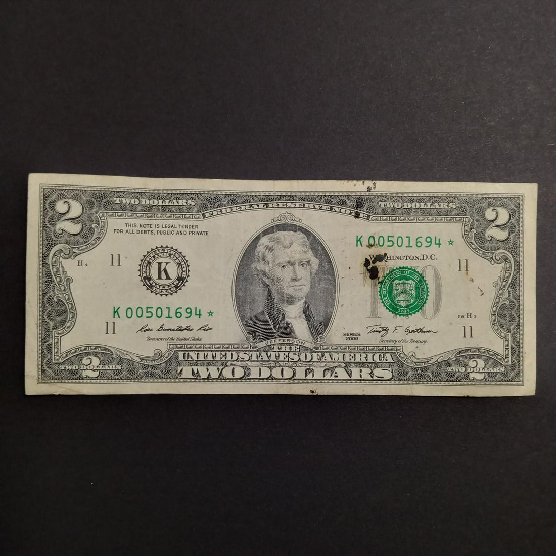 2009 US $2 Two dollars bill note with star (1 of 2)