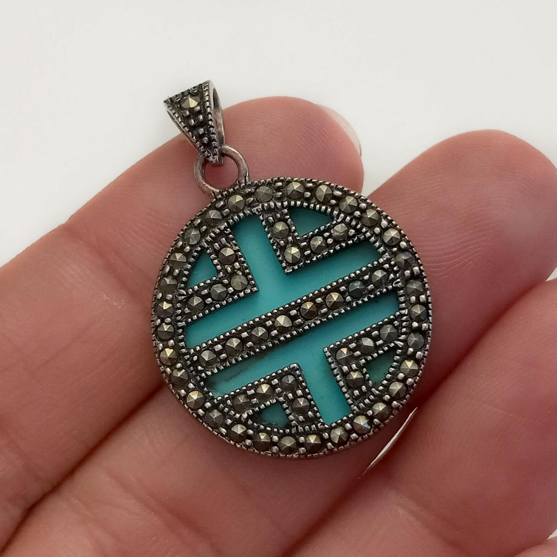 Sterling silver turquoise color, marcasites pendant (1 of 3)