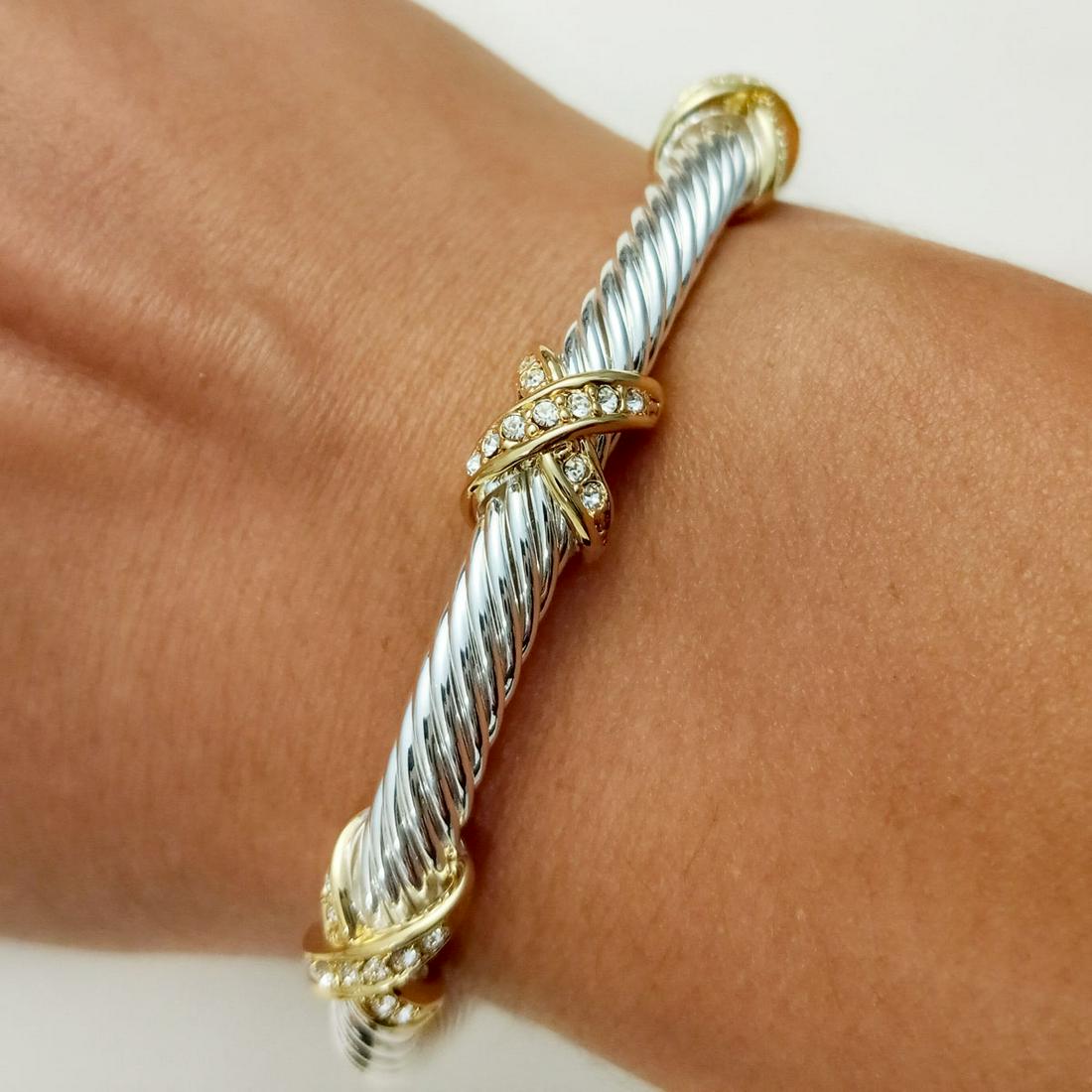 Two tone X rhinestone cable texture cuff bracelet (1 of 6)