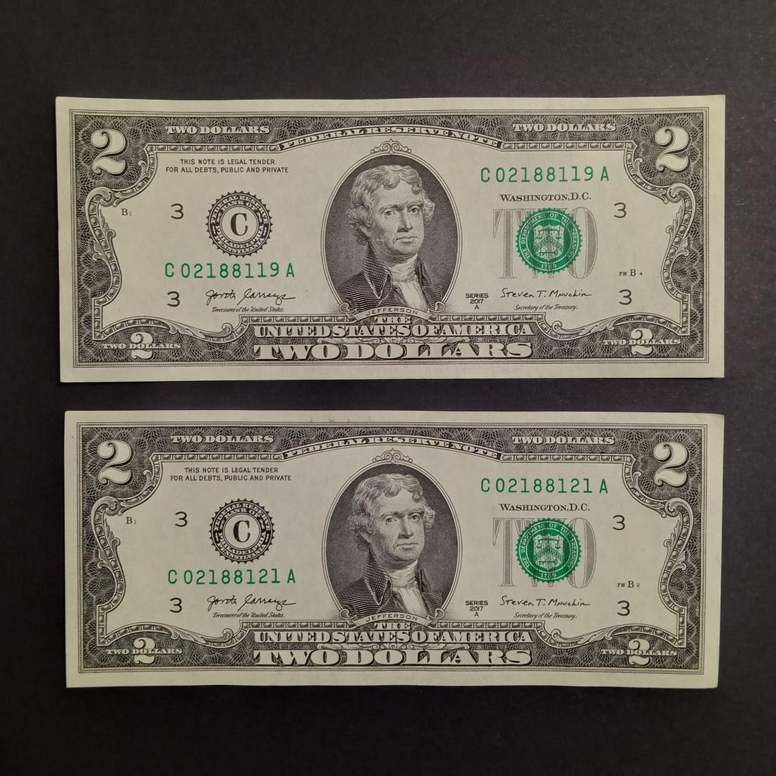 2 2017A US Fed Reserve $2 two dollar bills notes (1 of 2)