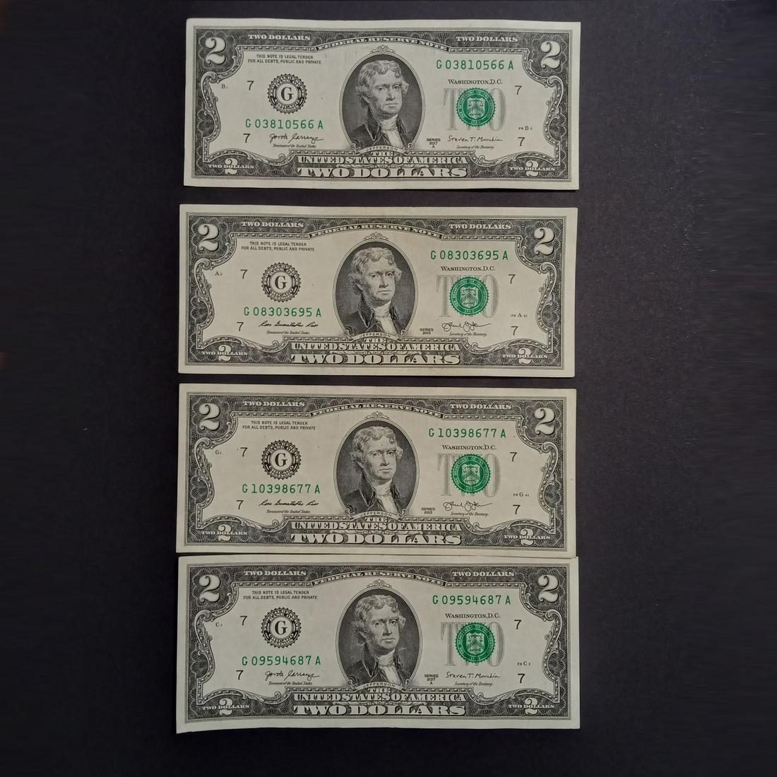 4 2017A US Fed Reserve $2 two dollar bills notes: Lot of 4 Collectible 2017A US Federal Reserve $2 Two dollars bills notes. Condition excellent. Bills are crisp. Look like Uncirculated bills.