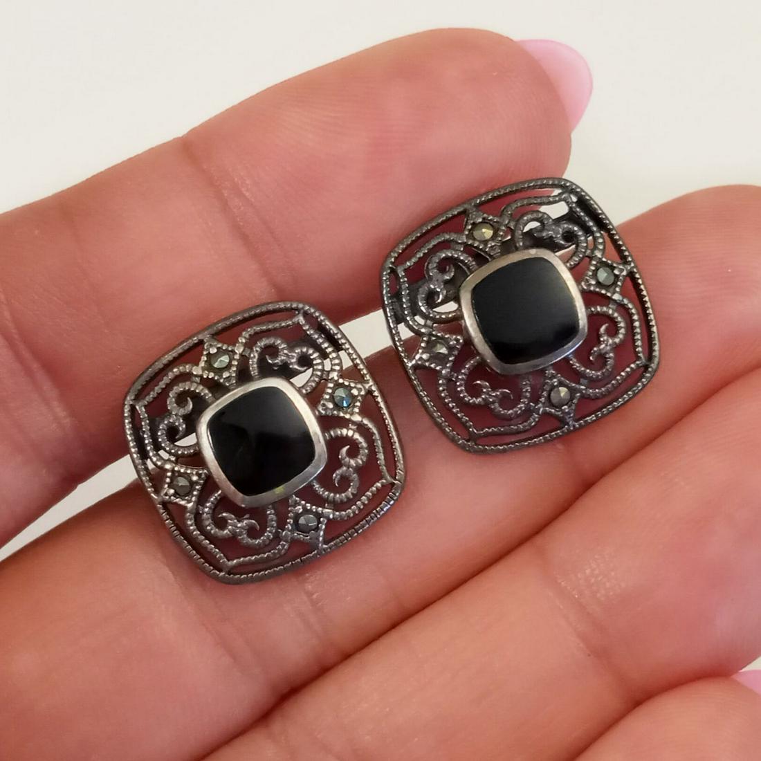 Vintage oxidized sterling silver black enamel earrings (1 of 3)
