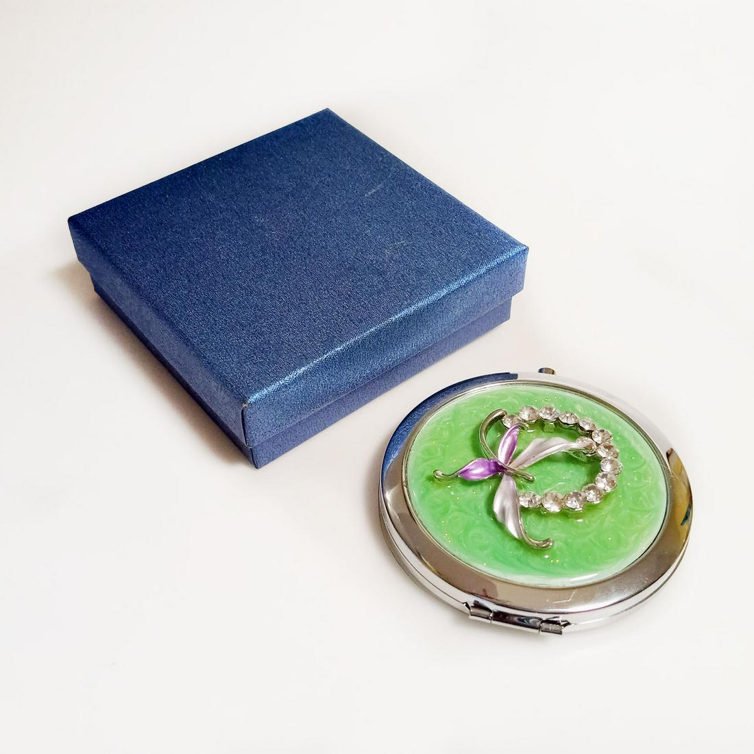 Silver tone green enamel Butterfly rhinestones mirror (1 of 5)