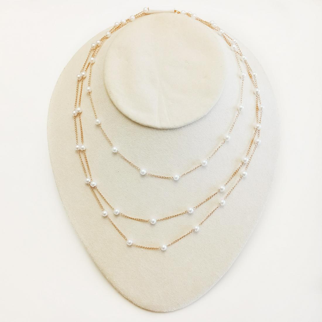 Gold tone faux white pearl multichain choker necklace: Gold tone faux white pearl multichain chocker necklace. Shortest chain length 13 inches + 2 1/2 inches extender. Condition excellent.